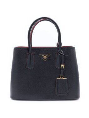 Prada Double Saffiano Leather Midi Handbag Black Gold